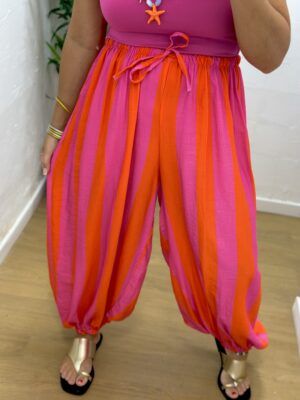 Pantalón satinado rayas rosa + naranja